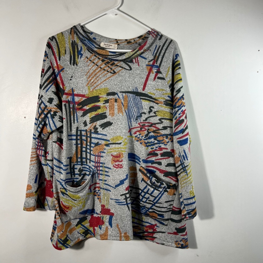 Womens Jess‎ & Jane Fiesta Top Knit Abstract Lagenlook Tunic Gray Pockets L Soft